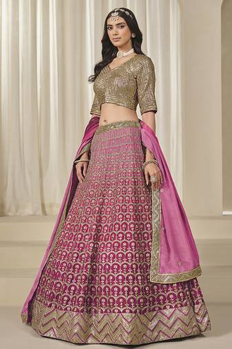 Pink Embroidered Sequins Work Chinon Silk Lehenga Choli
