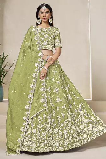Pista Embroidered Sequins Work Organza Lehenga Choli