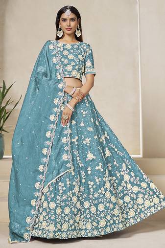 Sky Blue Embroidered Sequins Work Organza Lehenga Choli