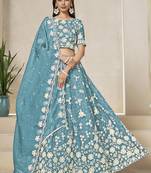 Sky Blue Embroidered Sequins Work Organza Lehenga Choli