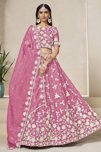 Pink Embroidered Sequins Work Organza Lehenga Choli