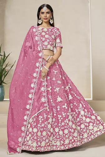 Pink Embroidered Sequins Work Organza Lehenga Choli