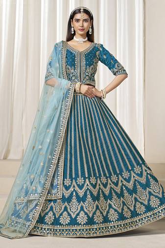 Aqua-Blue Embroidered Sequins Work Art Silk Lehenga Choli