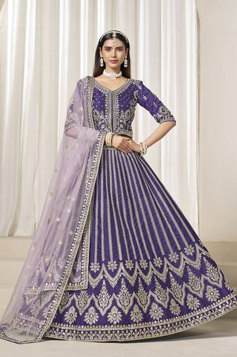Purple Embroidered Sequins Work Art Silk Lehenga Choli