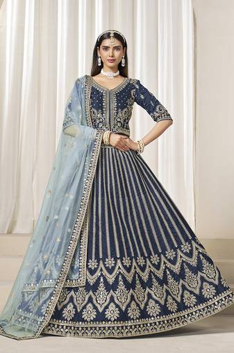 Navy Blue Embroidered Sequins Work Art Silk Lehenga Choli