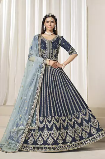 Navy Blue Embroidered Sequins Work Art Silk Lehenga Choli