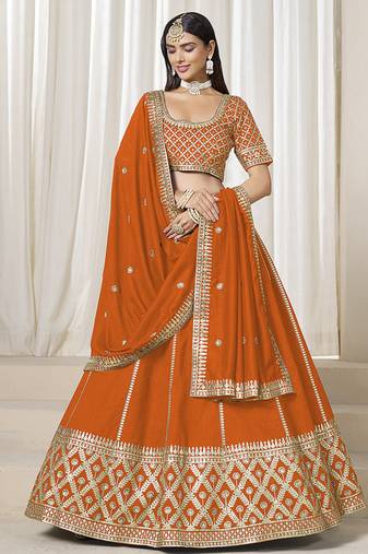 Orange Embroidered Sequins Work Art Silk Lehenga Choli