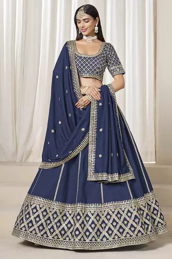 Navy Blue Embroidered Sequins Work Art Silk Lehenga Choli
