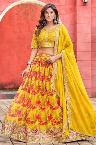 Yellow Embroidered Sequins Work Art Silk Lehenga Choli