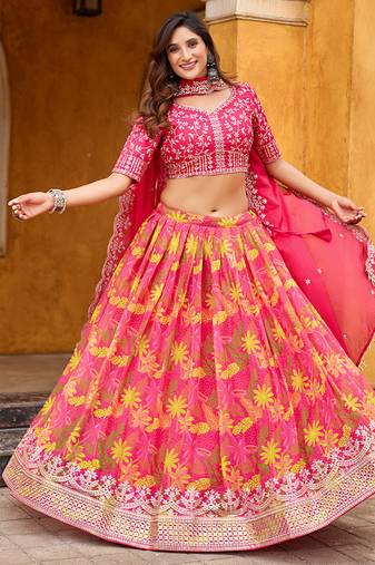 Pink Embroidered Sequins Work Art Silk Lehenga Choli