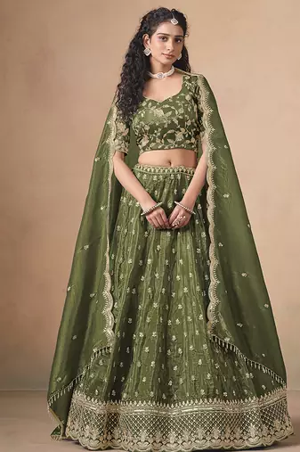 Green Embroidered Sequins Work Soft Organza Lehenga Choli