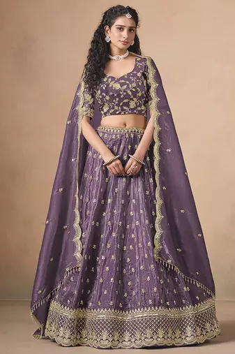 Lavender Embroidered Sequins Work Soft Organza Lehenga Choli