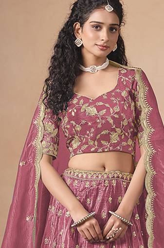 Pink Embroidered Sequins Work Soft Organza Lehenga Choli
