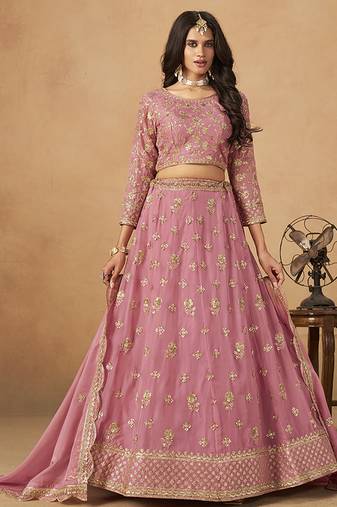 Pink Embroidered Sequins Work Organza  Lehenga Choli
