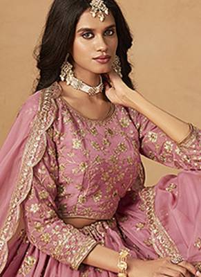 Pink Embroidered Sequins Work Organza  Lehenga Choli 3