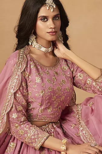 Pink Embroidered Sequins Work Organza  Lehenga Choli