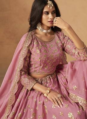 Pink Embroidered Sequins Work Organza  Lehenga Choli 4