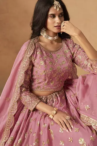 Pink Embroidered Sequins Work Organza  Lehenga Choli