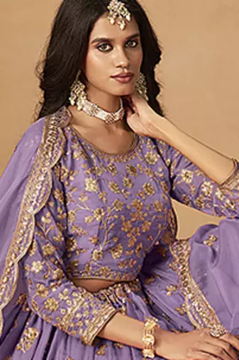 Lavender Embroidered Sequins Work Organza  Lehenga Choli