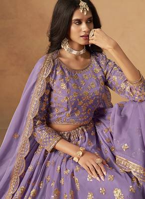 Lavender Embroidered Sequins Work Organza  Lehenga Choli 4