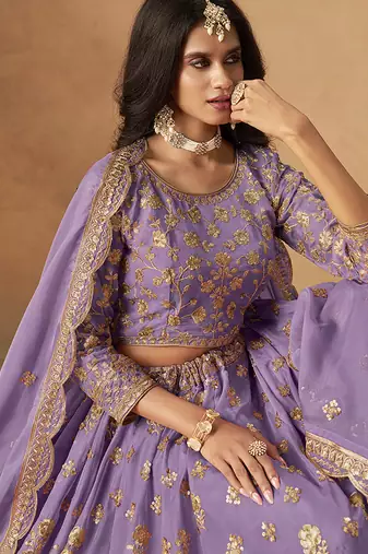 Lavender Embroidered Sequins Work Organza  Lehenga Choli