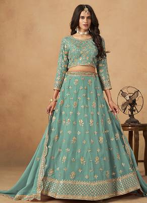 Turquoise  Embroidered Sequins Work Organza  Lehenga Choli 1