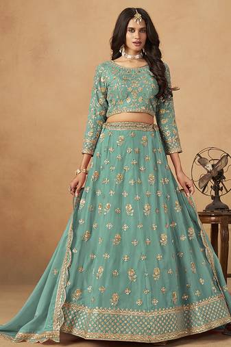 Turquoise  Embroidered Sequins Work Organza  Lehenga Choli