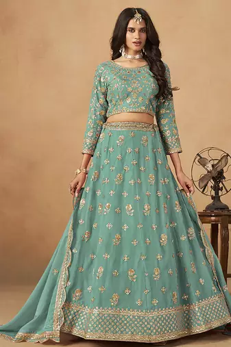 Turquoise  Embroidered Sequins Work Organza  Lehenga Choli