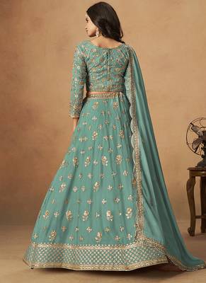 Turquoise  Embroidered Sequins Work Organza  Lehenga Choli 2