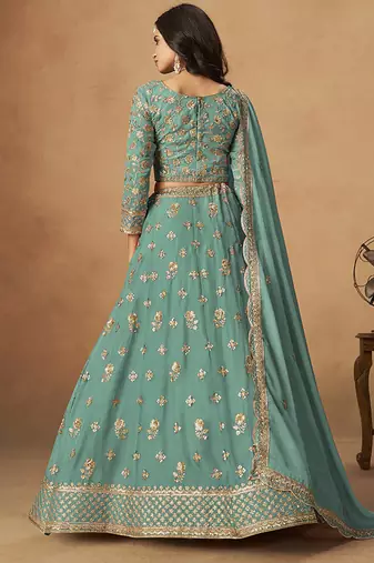 Turquoise  Embroidered Sequins Work Organza  Lehenga Choli