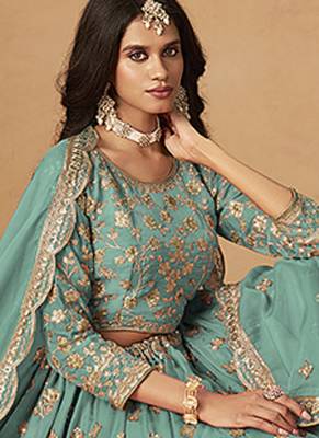 Turquoise  Embroidered Sequins Work Organza  Lehenga Choli 3
