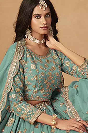 Turquoise  Embroidered Sequins Work Organza  Lehenga Choli