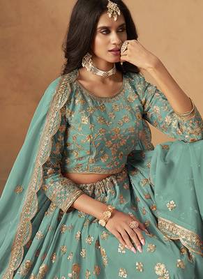 Turquoise  Embroidered Sequins Work Organza  Lehenga Choli 4