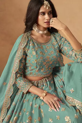 Turquoise  Embroidered Sequins Work Organza  Lehenga Choli