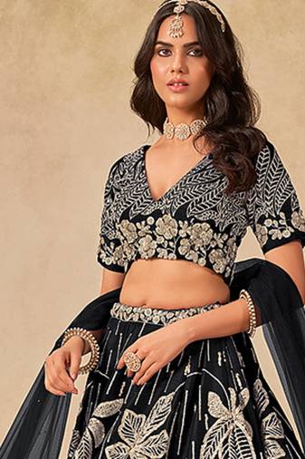 Black Embroidered Sequins Work Art Silk Lehenga Choli