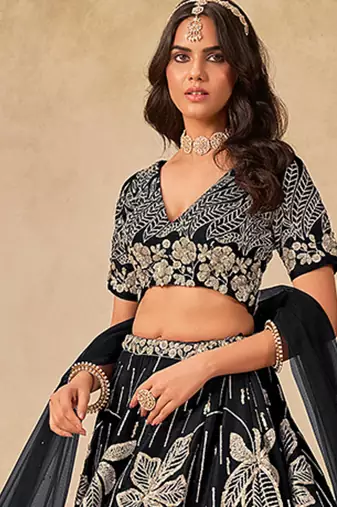 Black Embroidered Sequins Work Art Silk Lehenga Choli