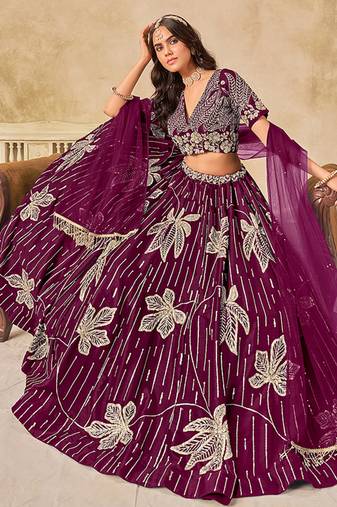 Purple Embroidered Sequins Work Art Silk Lehenga Choli