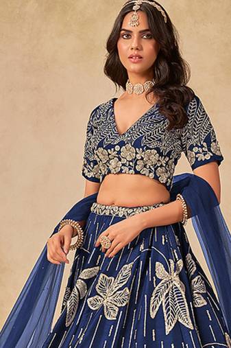 Blue Embroidered Sequins Work Art Silk Lehenga Choli