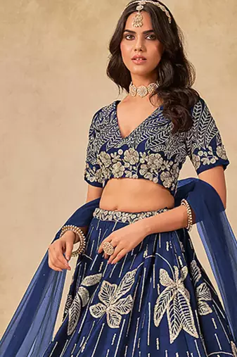 Blue Embroidered Sequins Work Art Silk Lehenga Choli