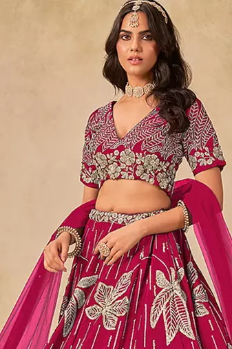 Pink Embroidered Sequins Work Art Silk Lehenga Choli