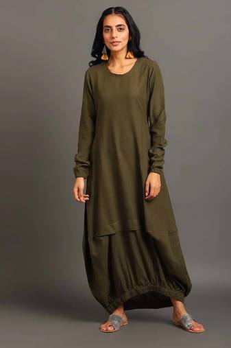 Army green boho balloon dress
