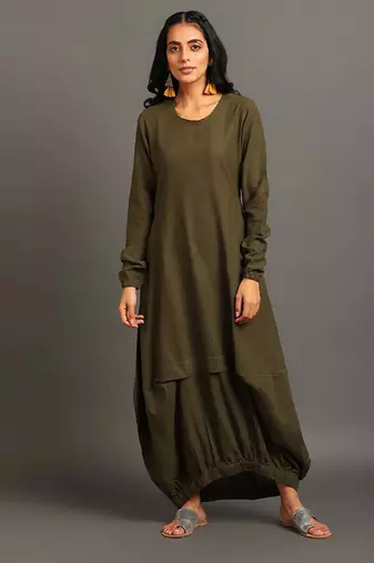Army green boho balloon dress