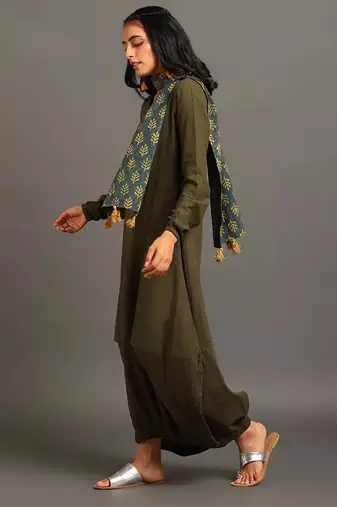 Army green boho balloon dress