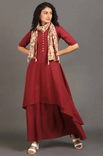 Maroon pure cotton layered dress (1 pcs)
