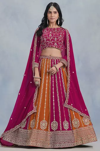 pink Embroidered Zari Work Faux Georgette Lehenga Choli