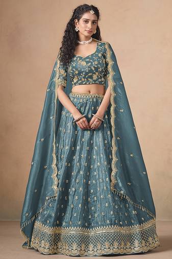 Teal-Blue Embroidered Sequins Work Soft Organza Lehenga Choli