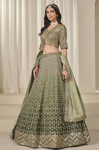 olive green Embroidered Sequins Work Chinon Silk Lehenga Choli