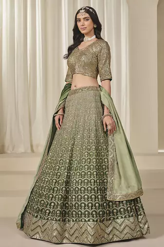 olive green Embroidered Sequins Work Chinon Silk Lehenga Choli
