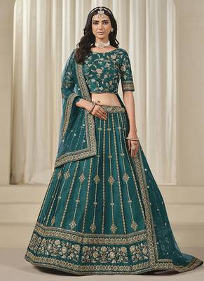 teal Embroidered Sequins Work Art Silk Lehenga Choli 1