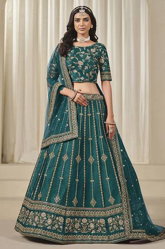 teal Embroidered Sequins Work Art Silk Lehenga Choli